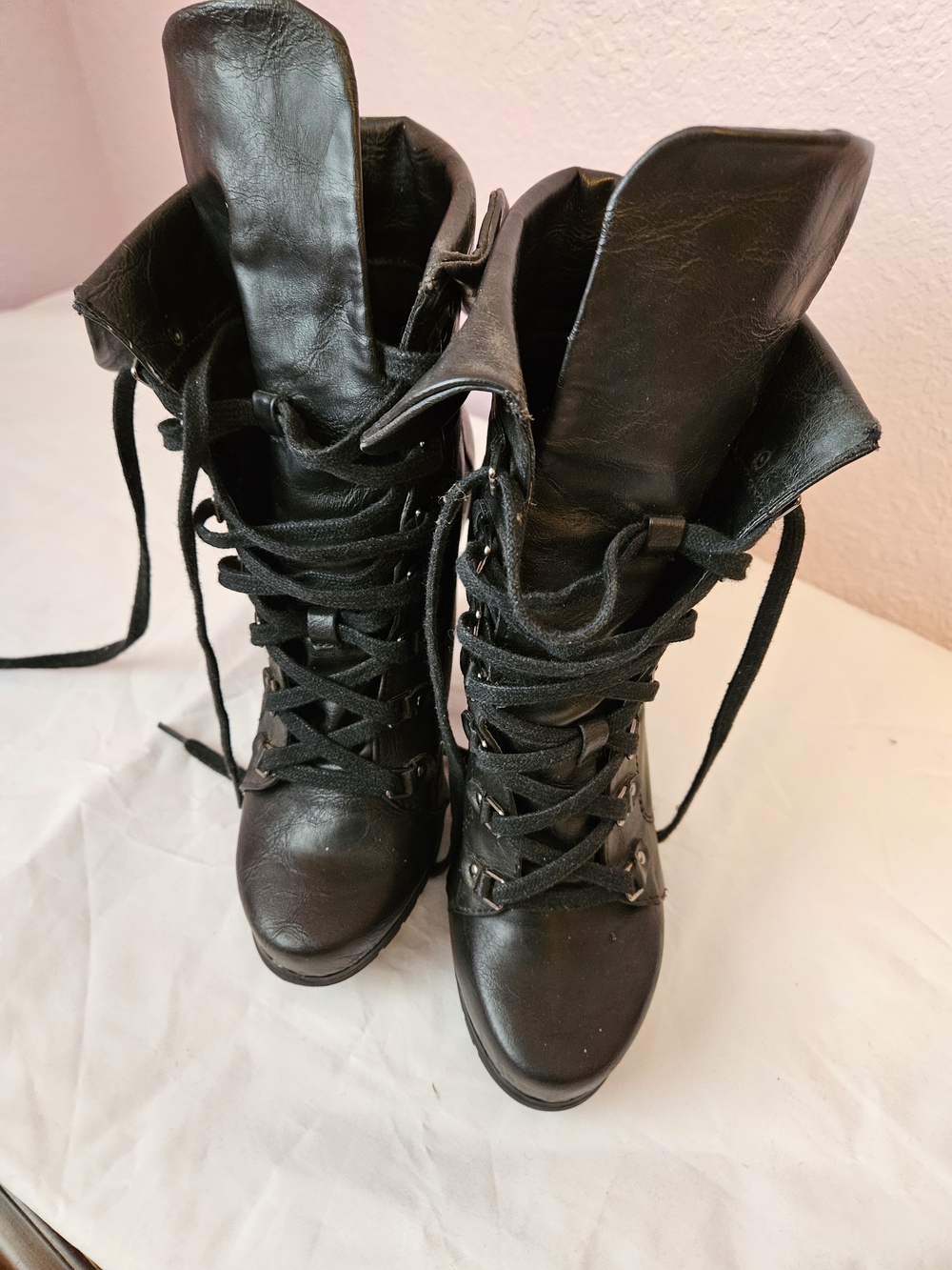 Aldo Black Lace-Up Combat Boots with Fold-Over Cuff